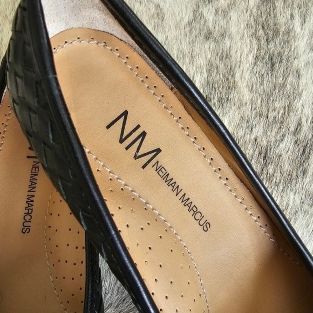 Neiman Marcus Silex Napa Leather Woven Braided Black Flats Shoes - Picture 9 of 11